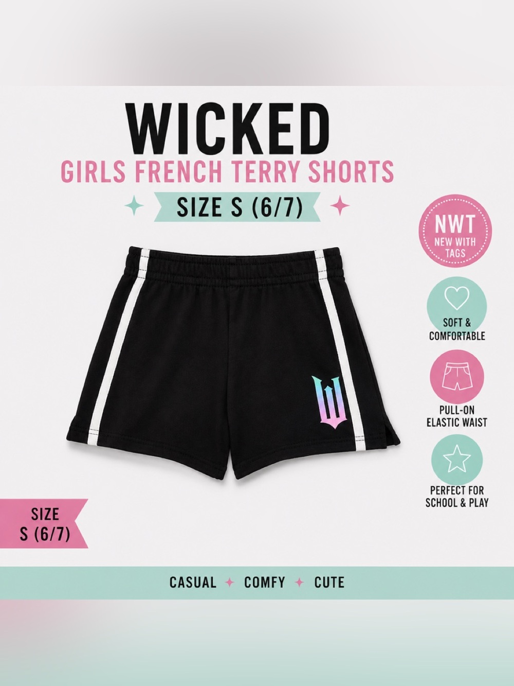 NWT Wicked Girls Black Athletic French Terry Shorts Pull On Size S